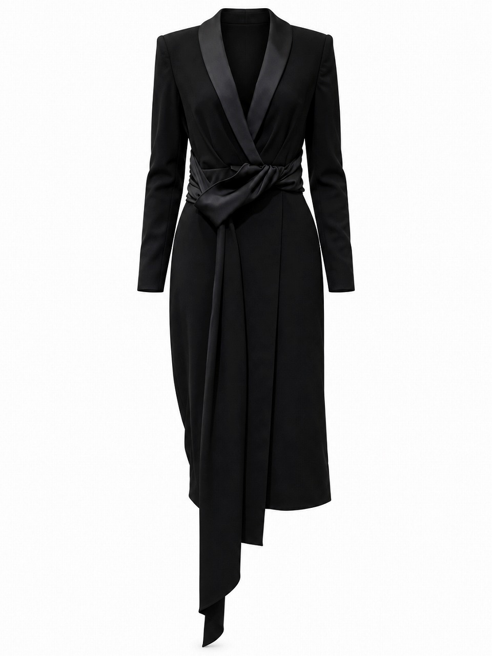 【新品DRESS 1628】ジャケットカラー×ウエストショールアシンメトリー タイトミディアムドレス ブラック【KAREN MILLEN】