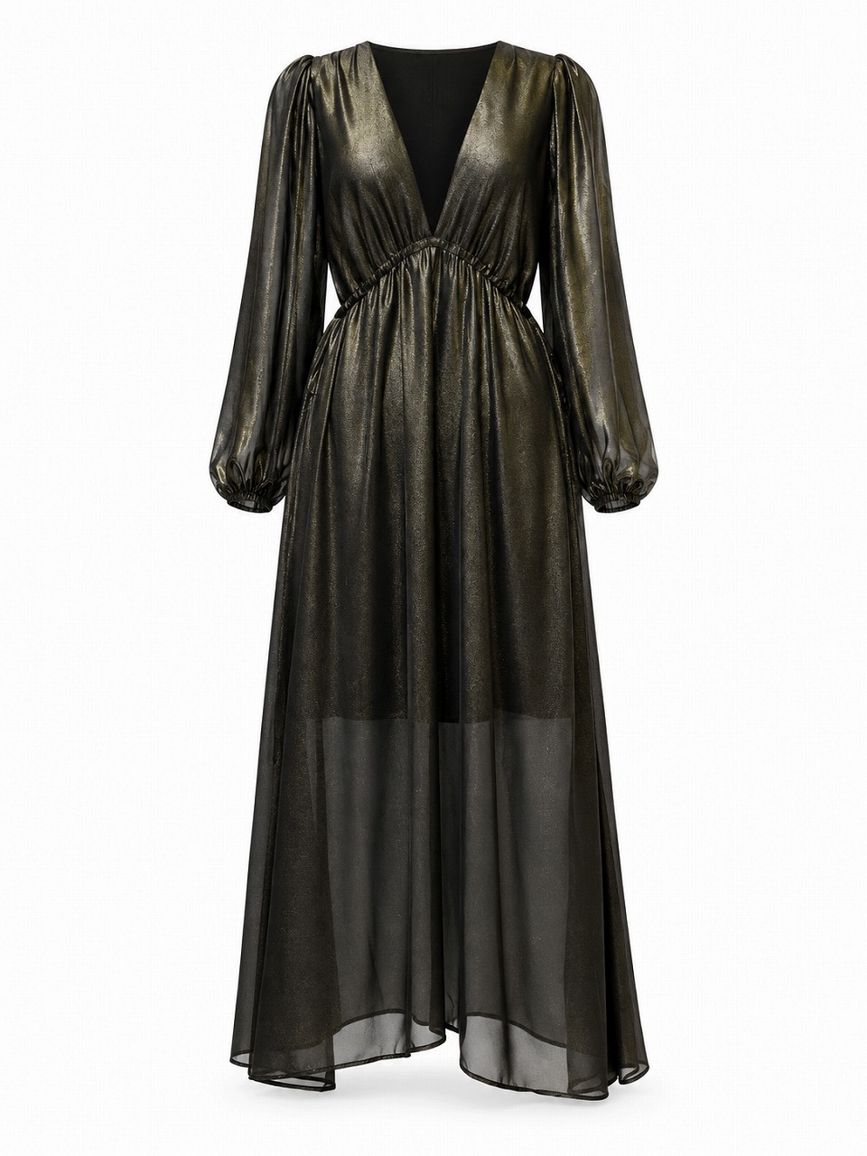 【新品DRESS 4908】 ディープVネック×バックカットアウトメタリックフレアロングドレス ブラウンゴールド【TOPSHOP】
