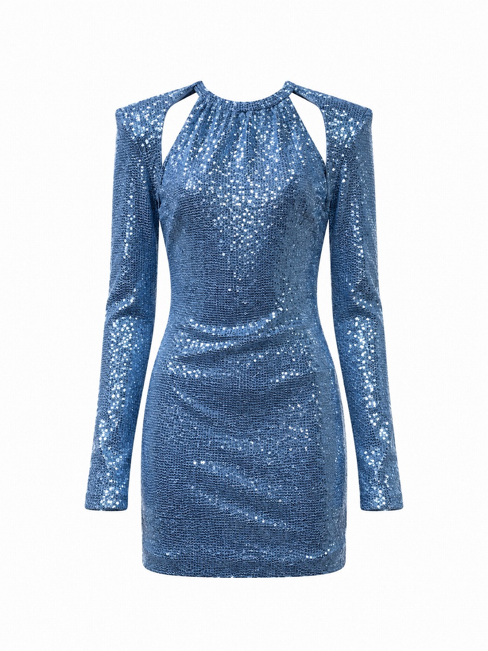 【新品DRESS 4909】メタリックホログラムラメ×ボレロ風ショルダーホルターネックタイトミニドレス ブルー【Cinqrue】